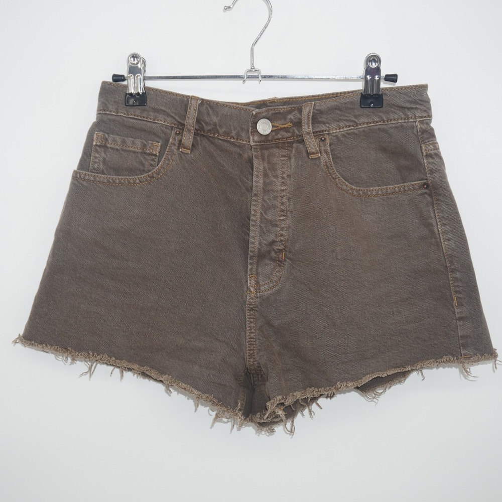 PacSun Vintage High Rise Sugar Brown Denim Shorts Button Fly Raw‎ Hem Size 26